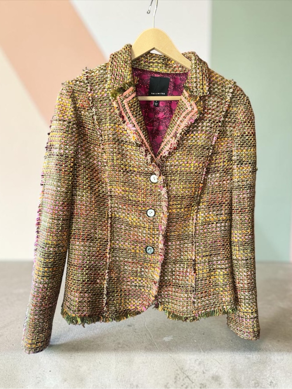 Vintage Y2K The Limited Boucle Blazer Multi Color Tweed Wool Blend Raw Hem Sz L